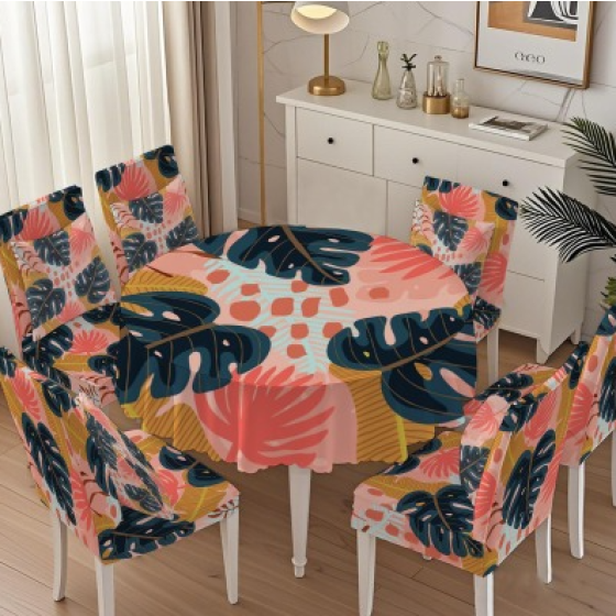 customizable round tablecloth, chair cover, and pillow set of thirteen pieces，Removable Washable Geometric Parsons Protector for Hotel,