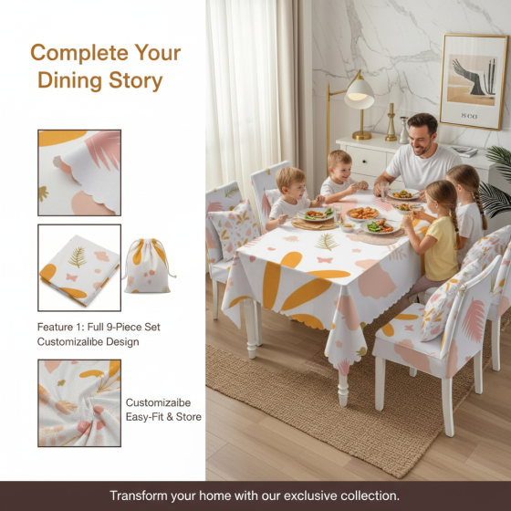 Customizable set of tablecloths - water-resistant, oil-resistant, non-washable, heat-resistant. High-end, luxurious dining tablecloth and chair cover, stool cover - 9-piece set